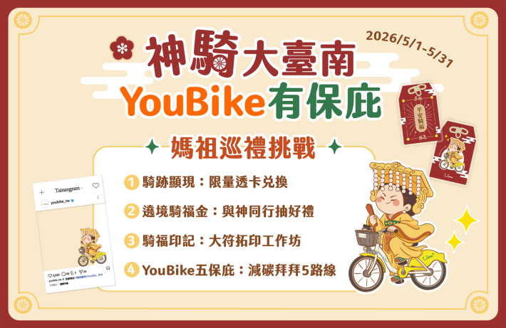 響應媽祖生！臺南市政府首推神「騎」大臺南　廟宇YouBike巡禮活動串聯低碳宗教旅遊
