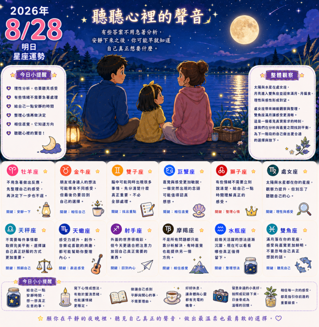 2026年8月28日 明日星座運勢  聽聽心裡的聲音