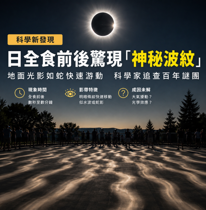 日全食前後驚現「神秘波紋」！地面光影如蛇快速游動　百年成因仍是謎