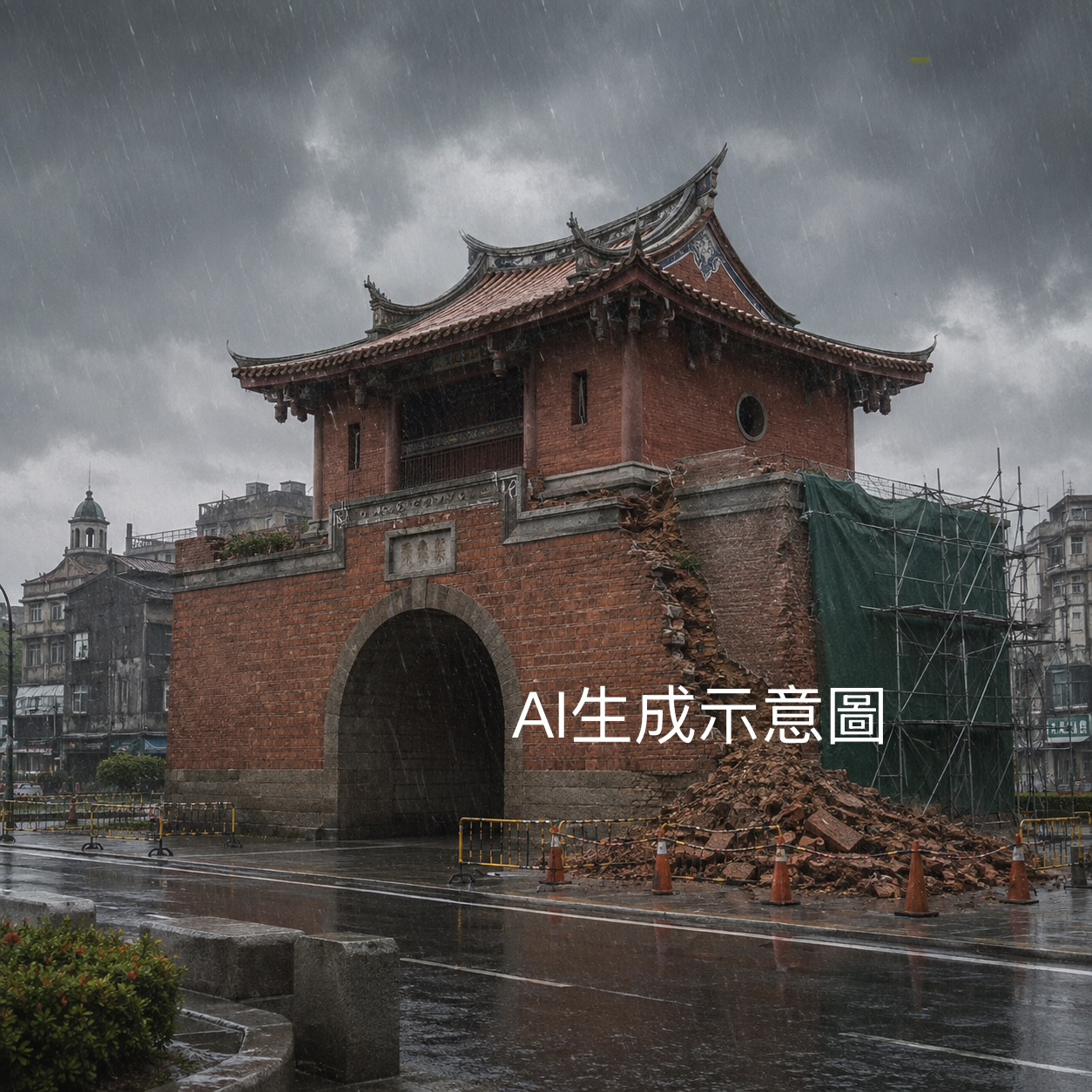 國定古蹟大東門側牆崩落！連日豪雨滲入牆體　台南市府緊急處置