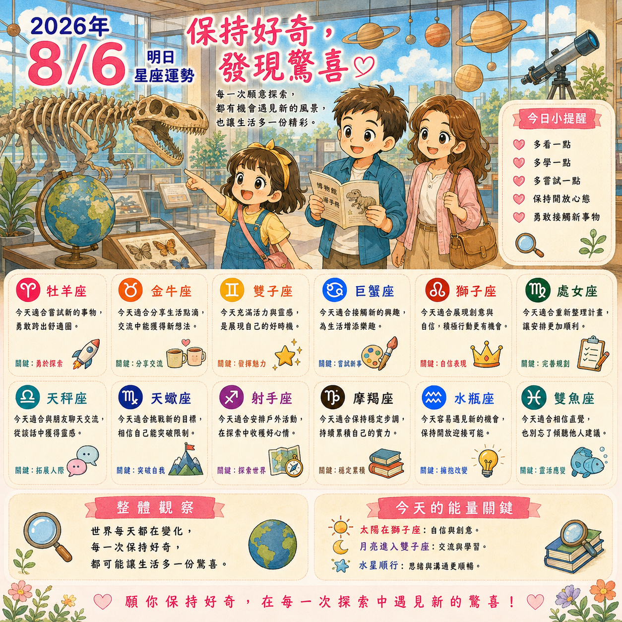 2026年8月6日 明日星座運勢  保持好奇，發現驚喜