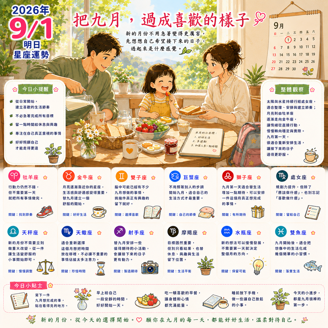 2026年9月1日 明日星座運勢  把九月，過成喜歡的樣子
