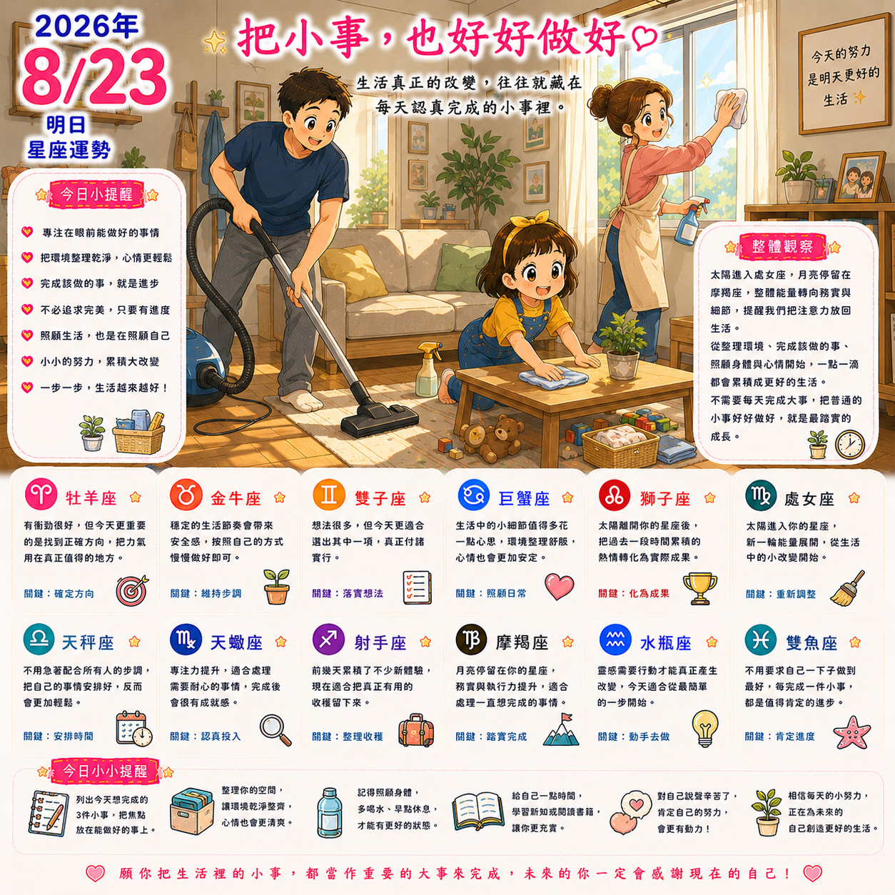 2026年8月23日 明日星座運勢  把小事，也好好做好