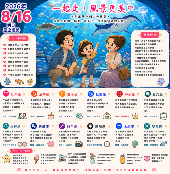2026年8月16日 明日星座運勢  一起走，風景更美