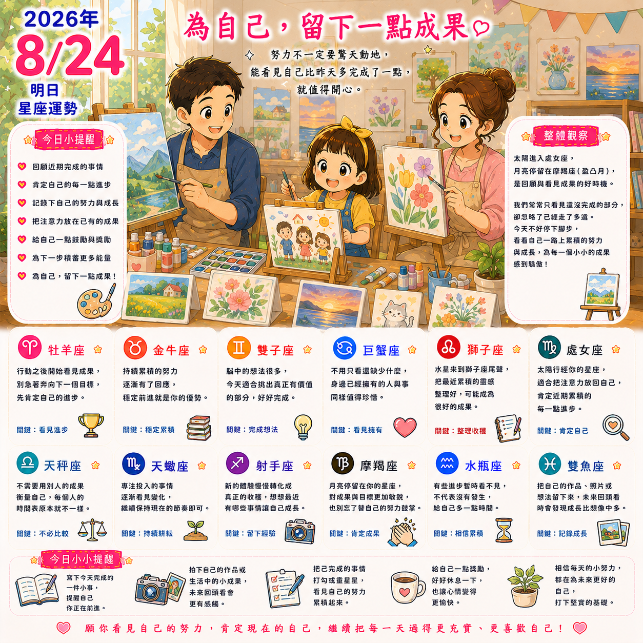 2026年8月24日 明日星座運勢  為自己，留下一點成果