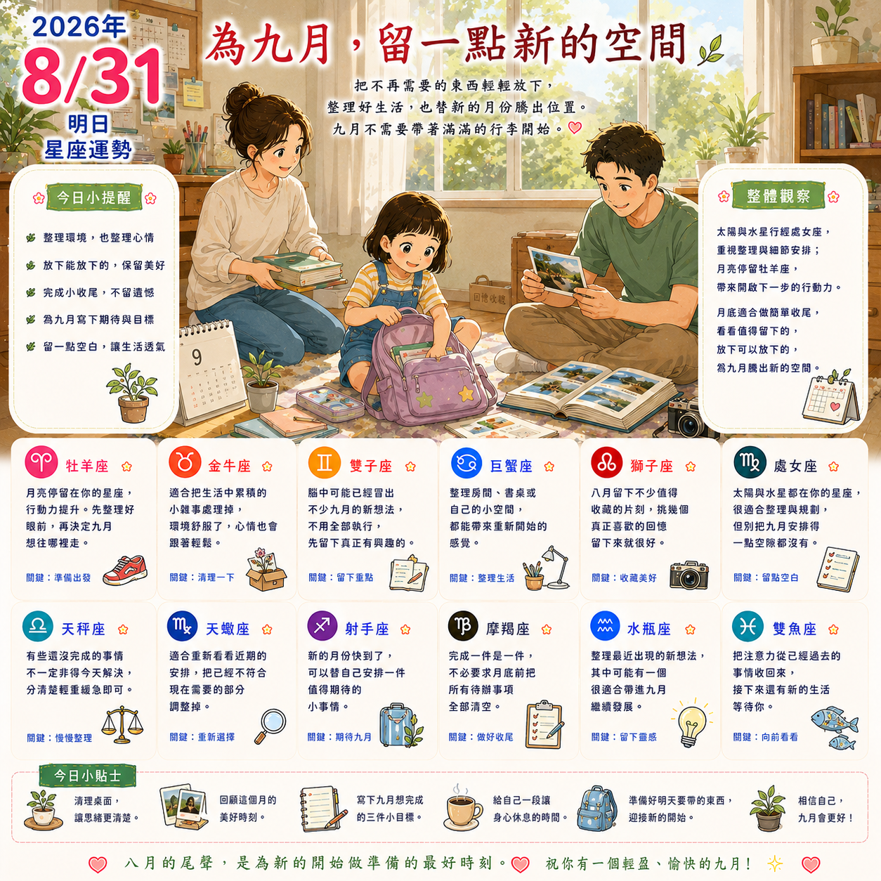 2026年8月31日 明日星座運勢  為九月，留一點新的空間