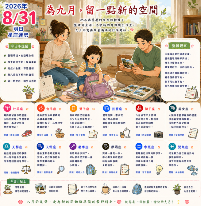 2026年8月31日 明日星座運勢  為九月，留一點新的空間