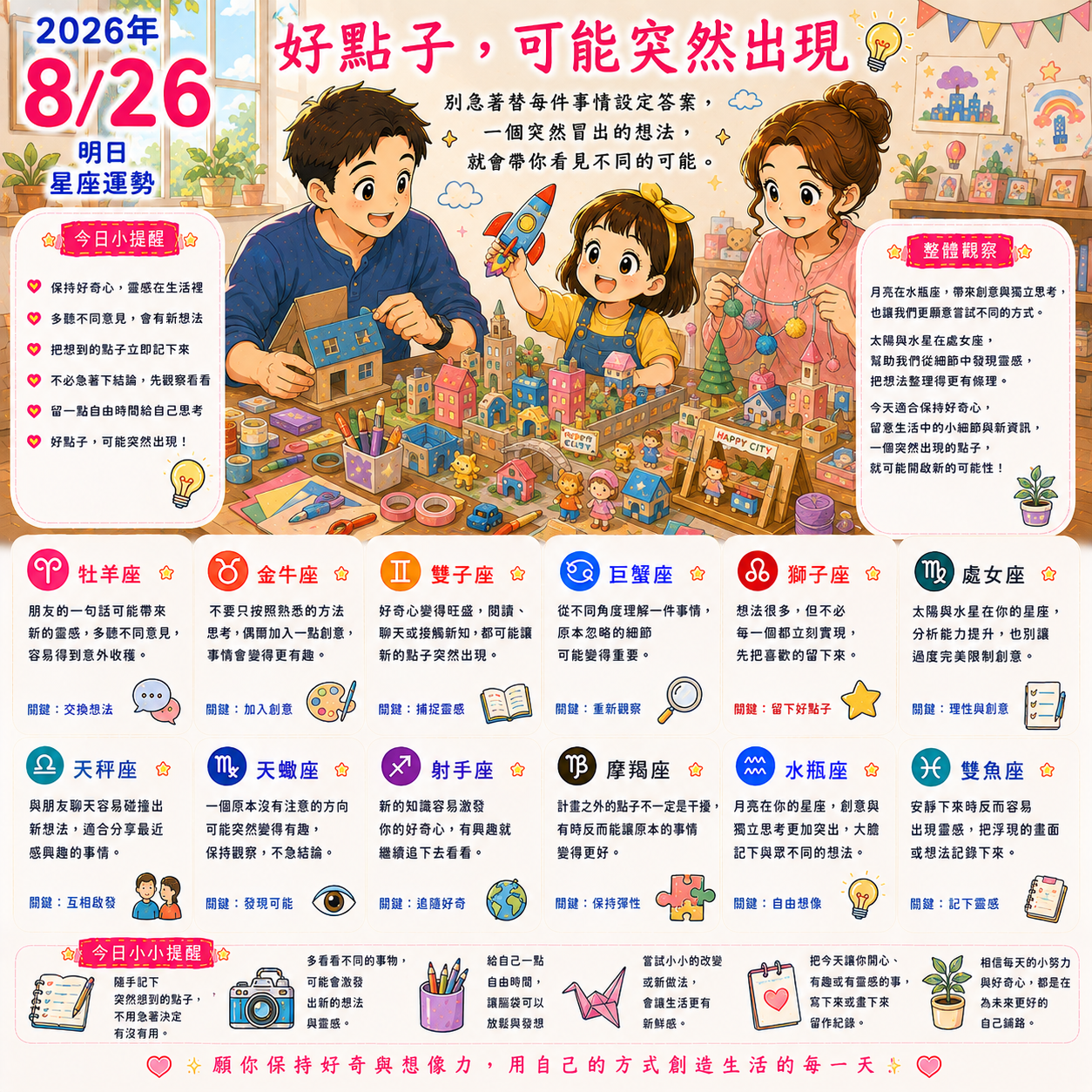 2026年8月26日 明日星座運勢  好點子，可能突然出現