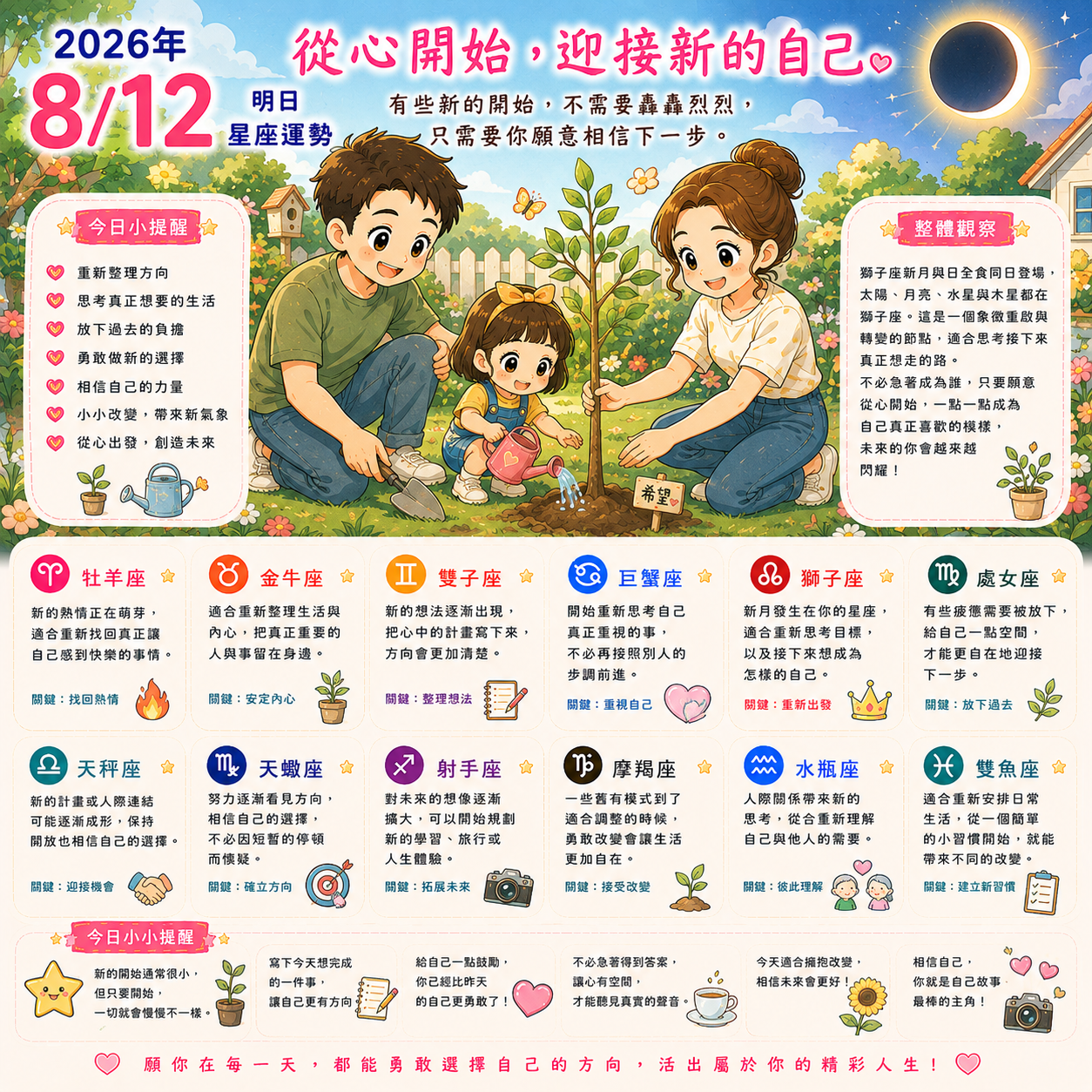 2026年8月12日 明日星座運勢  從心開始，迎接新的自己