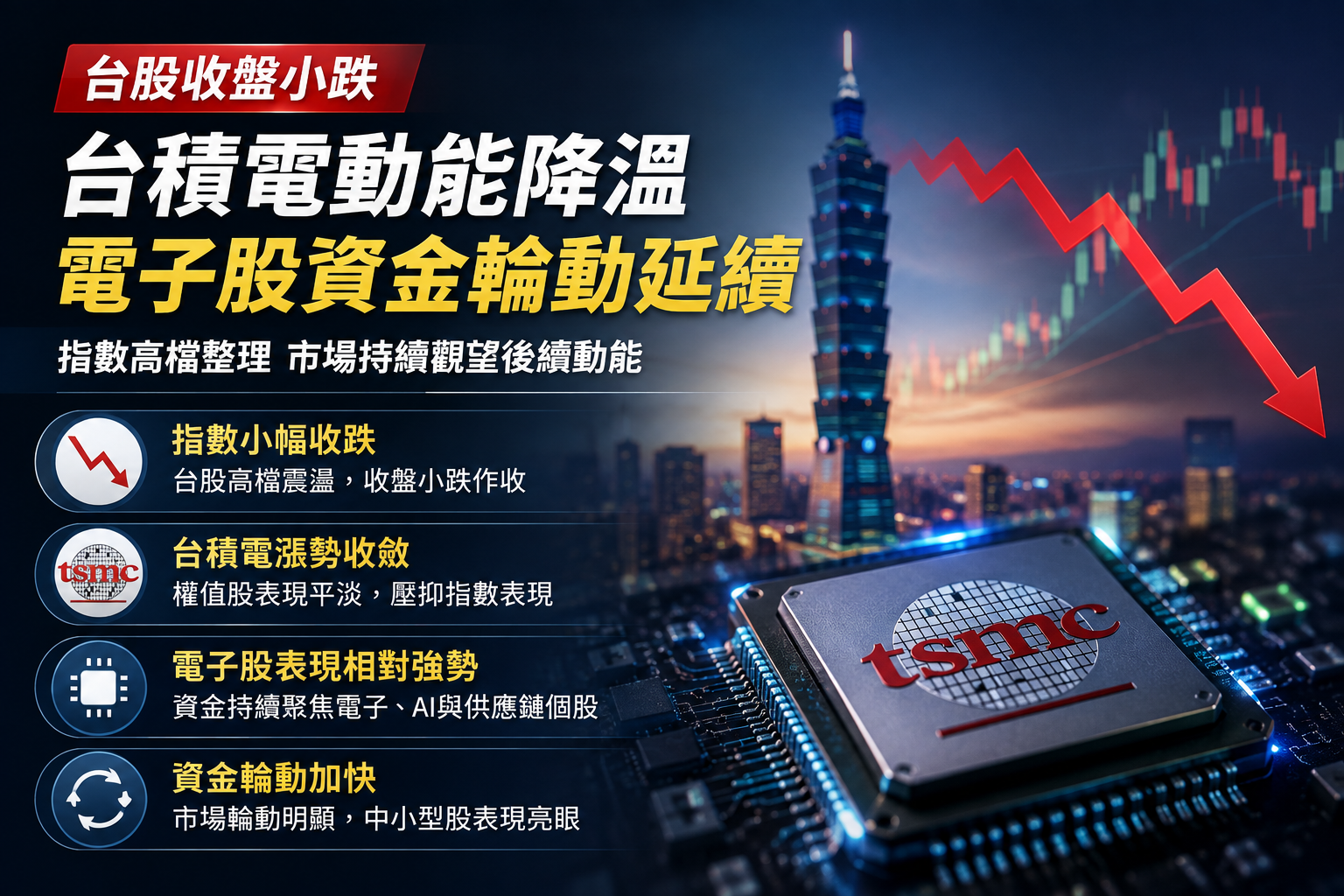 台股收盤小跌25點！加權指數高檔整理　台積電走弱、電子股、半導體與AI概念股續強