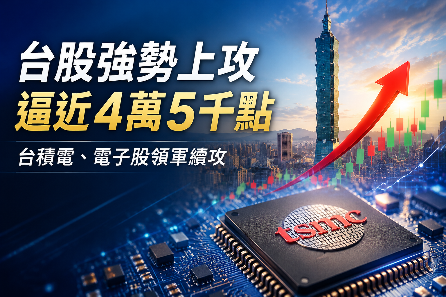 台股盤中大漲近1500點！加權指數逼近4萬5　台積電、半導體、電子股領軍續攻