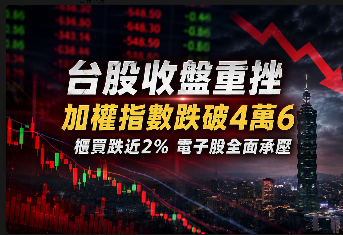 台股收盤重挫548點！加權指數跌破4萬6、櫃買跌近2%　電子股全面承壓、航運逆勢走強