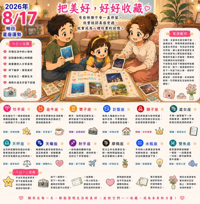 2026年8月17日 明日星座運勢  把美好，好好收藏