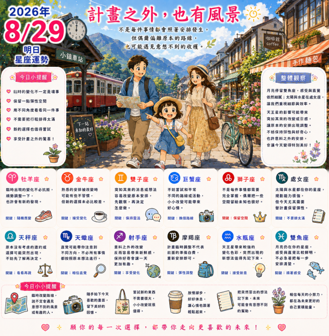 2026年8月29日 明日星座運勢  計畫之外，也有風景