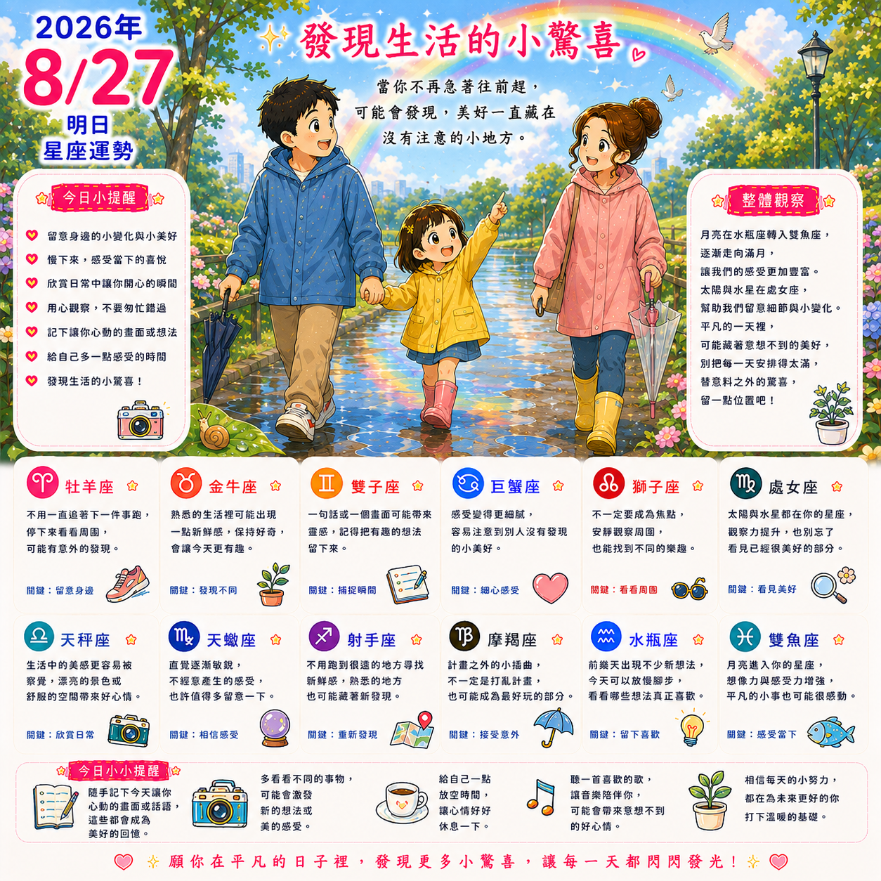 2026年8月27日 明日星座運勢  發現生活的小驚喜