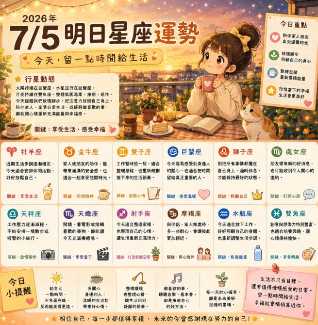 2026年7月5日 明日星座運勢  今天，留一點時間給生活