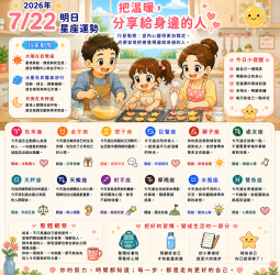 2026年7月22日 明日星座運勢 把溫暖，分享給身邊的人  當內心變得更加穩定，也更容易把善意傳遞給身邊的人。
