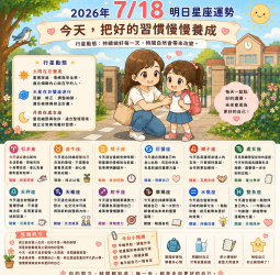 2026年7月18日 明日星座運勢  今天，把好的習慣慢慢養成  持續做好每一天，時間自然會帶來改變。