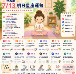2026年7月13日 明日星座運勢  安排自己的節奏，不用和別人比較，找到適合自己的步調就好