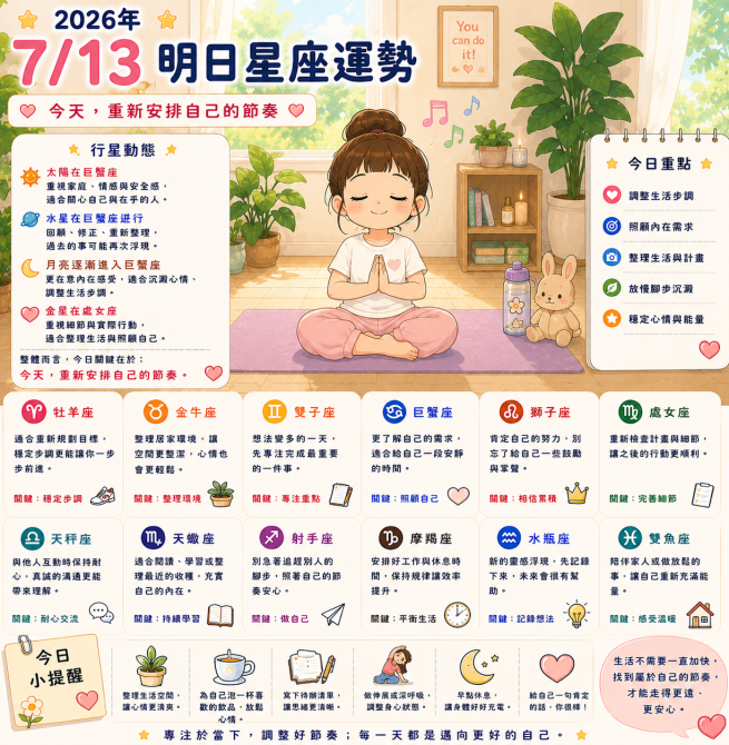 2026年7月13日 明日星座運勢  安排自己的節奏，不用和別人比較，找到適合自己的步調就好