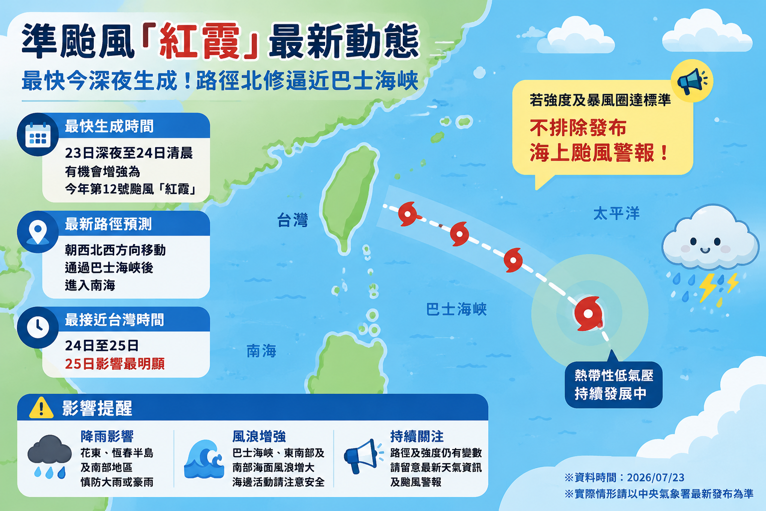 準颱風「紅霞」最快今深夜生成！路徑北修掠過巴士海峽　氣象署：不排除發布海警