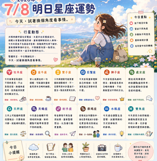 2026年7月8日 明日星座運勢 換個角度，也許答案就在眼前