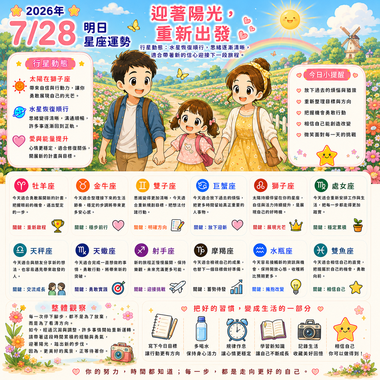 2026年7月28日 明日星座運勢  迎著陽光，重新出發！水星恢復順行，思緒逐漸清晰，適合帶著新的信心迎接下一段旅程。