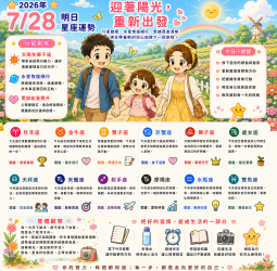 2026年7月28日 明日星座運勢  迎著陽光，重新出發  水星恢復順行，思緒逐漸清晰，適合帶著新的信心迎接下一段旅程。