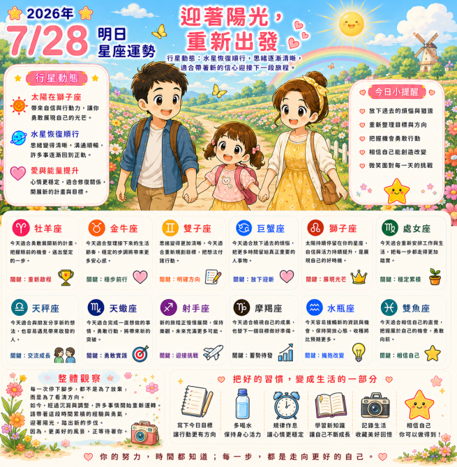 2026年7月28日 明日星座運勢  迎著陽光，重新出發！水星恢復順行，思緒逐漸清晰，適合帶著新的信心迎接下一段旅程。