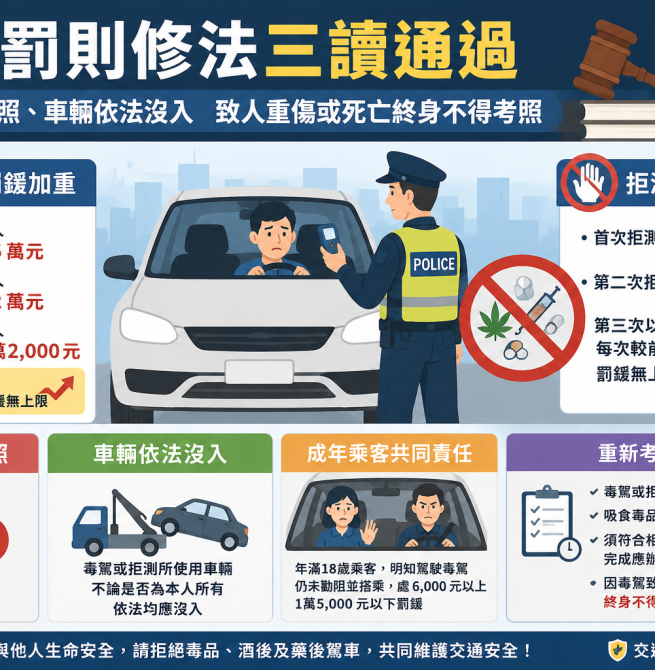 毒駕罰則修法三讀通過　拒測一律吊照、車輛依法沒入　致人重傷或死亡終身不得考照