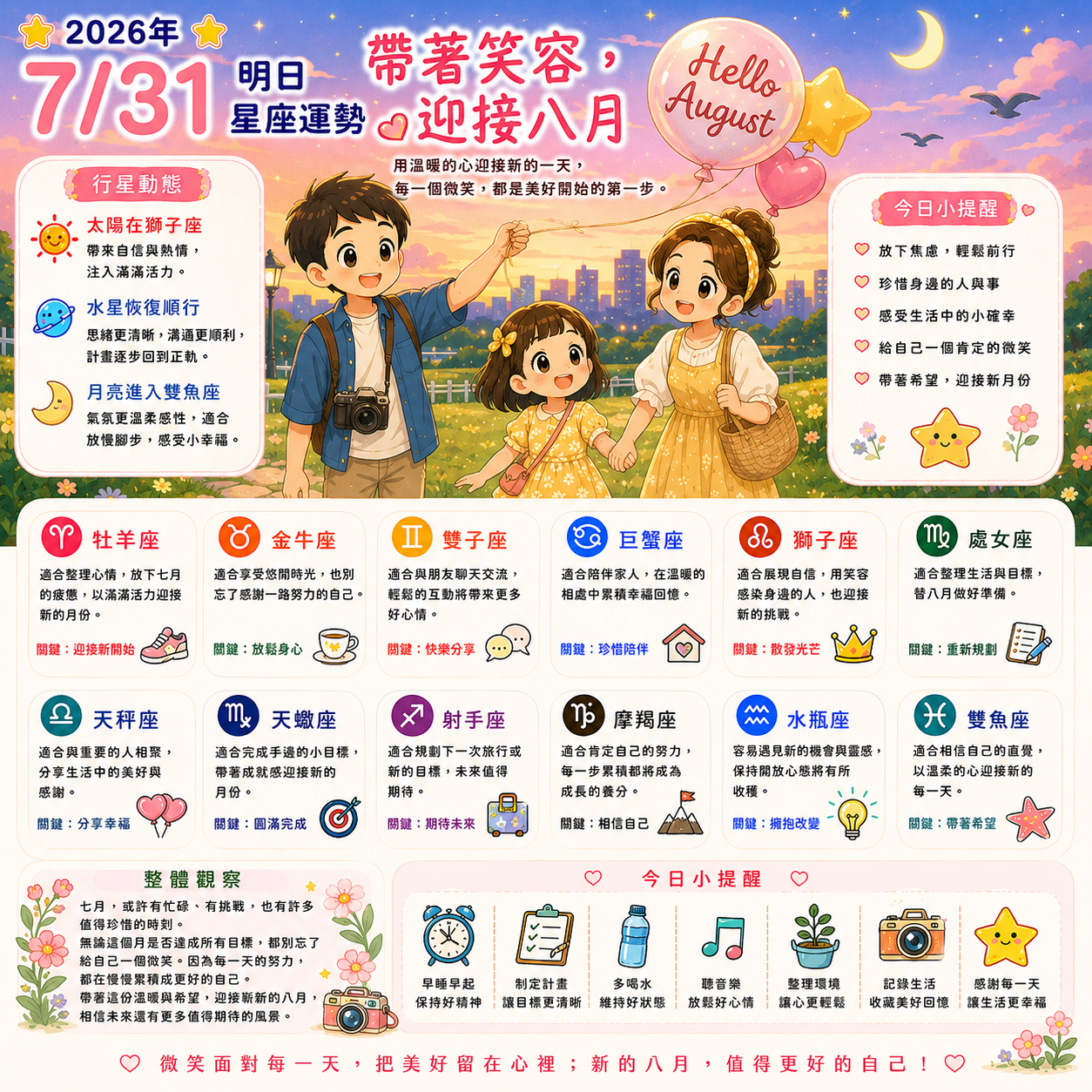 2026年7月31日 明日星座運勢  帶著笑容，迎接八月