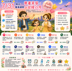 2026年7月31日 明日星座運勢  帶著笑容，迎接八月，用溫暖的心迎接新的一天，每一個微笑，都是美好開始的第一步。