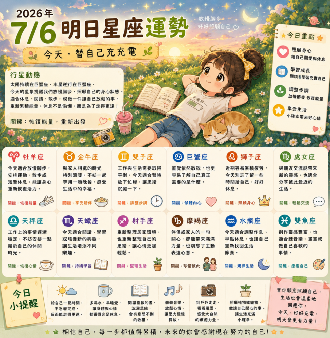 2026年7月6日 明日星座運勢  今天，替自己充充電