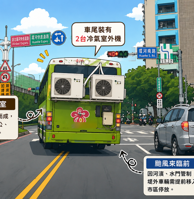 公車車尾掛2台冷氣室外機引熱議　原來是「移動辦公室」！颱風前才開上街