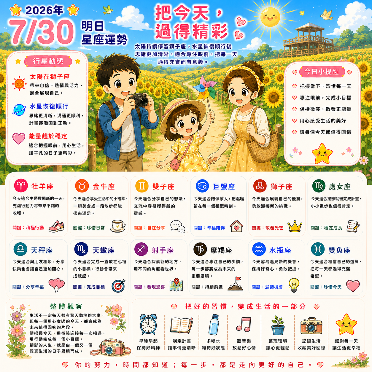 2026年7月30日 明日星座運勢  把今天，過得精彩  用心過好每一天，平凡的日常，也能成為最珍貴的回憶。