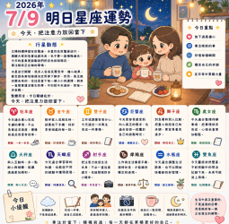 2026年7月9日 明日星座運勢  今天，把注意力放回當下  放下過度擔心，專心做好眼前的每一步