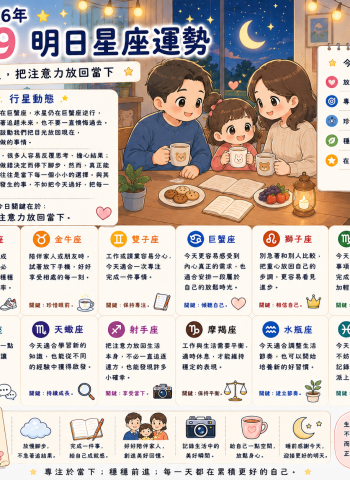 2026年7月9日 明日星座運勢  今天，把注意力放回當下  放下過度擔心，專心做好眼前的每一步