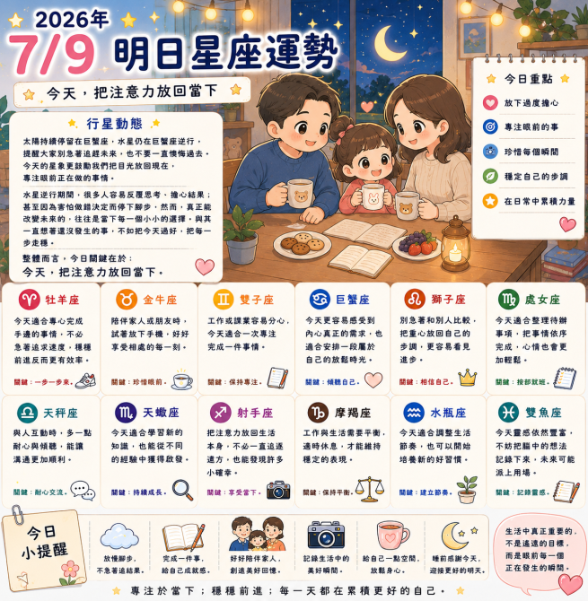 2026年7月9日 明日星座運勢  今天，把注意力放回當下  放下過度擔心，專心做好眼前的每一步