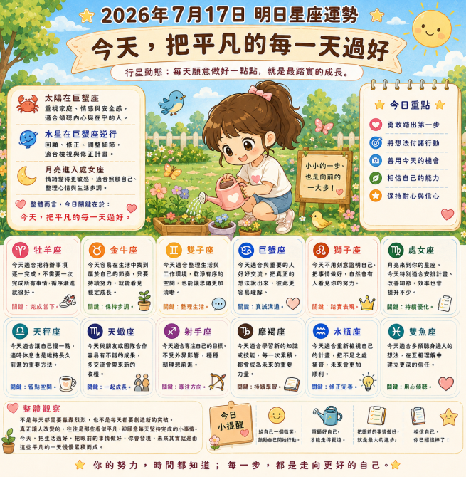 2026年7月17日 明日星座運勢  每天願意做好一點點，就是最踏實的成長。