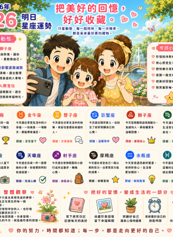 2026年7月26日 明日星座運勢  把美好的回憶，好好收藏  每一段陪伴、每一次微笑，都是未來最珍貴的禮物。