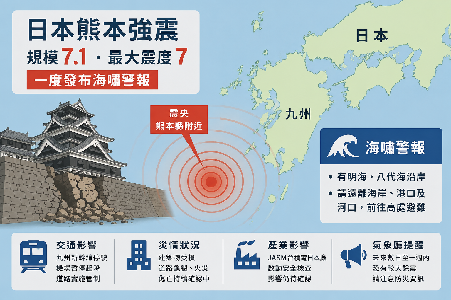 日本熊本規模7.1強震襲九州　最大震度7、曾發布海嘯警報　交通大亂災情持續確認