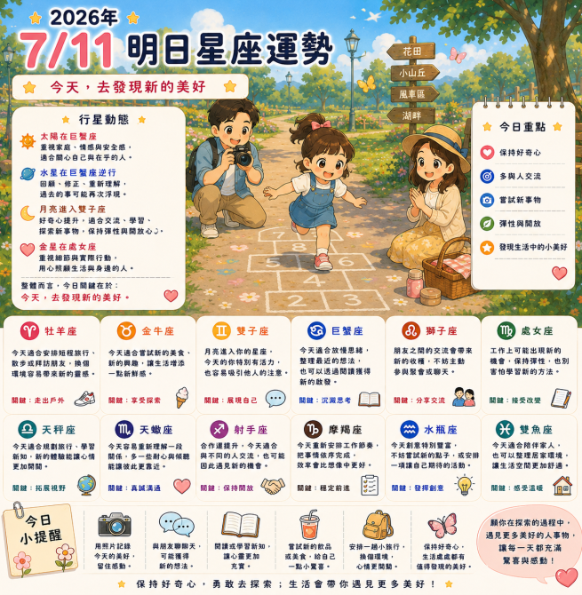 2026年7月11日 明日星座運勢  今天，去發現新的美好   保持好奇心，生活會帶來意想不到的驚喜