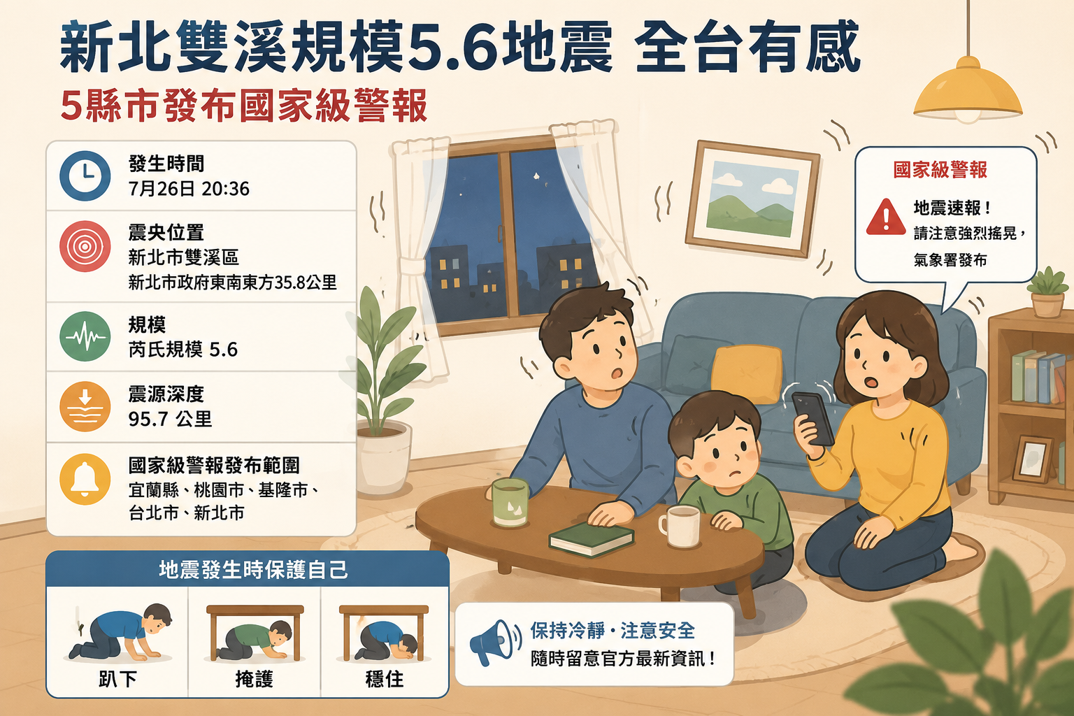 新北雙溪規模5.6地震全台有感　5縣市發布國家級警報、暫無重大災情