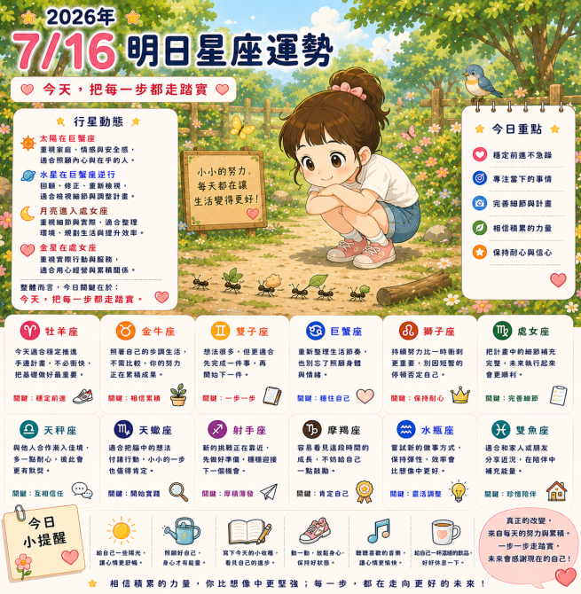 2026年7月16日 明日星座運勢  真正的改變，不是在一瞬間，而是在每天的累積