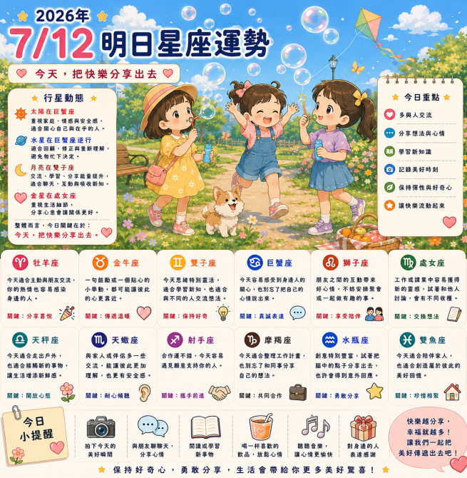 2026年7月12日 明日星座運勢  今天，把快樂分享出去  一句分享、一個笑容，都可能讓今天變得更美好