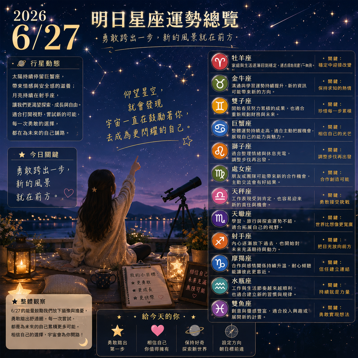 2026年6月27日 明日星座運勢 帶著新的勇氣,迎接生活中的每一次改變