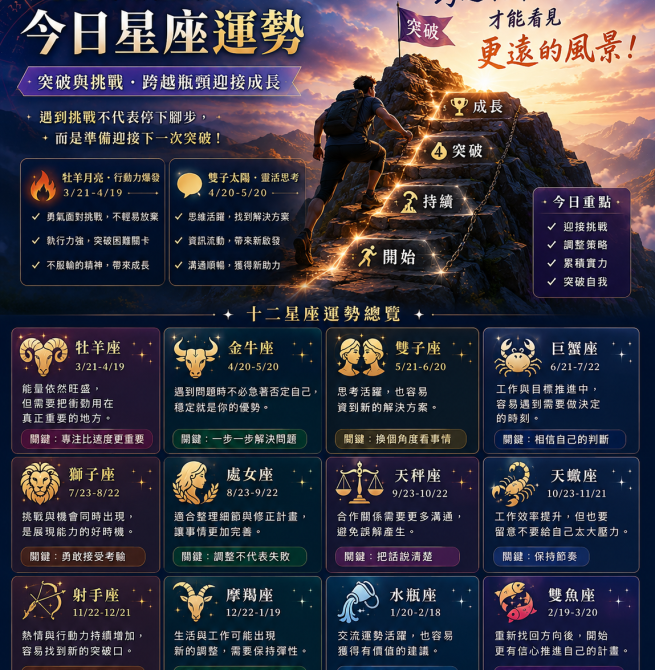 2026年6月12日 明日星座運勢 遇到挑戰不代表停下腳步，而是準備迎接下一次突破