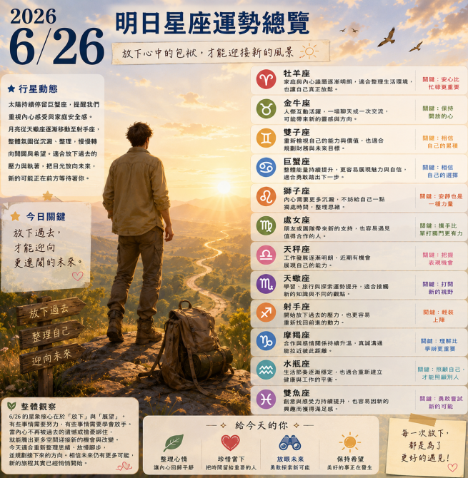 2026年6月26日 明日星座運勢  放下心中的包袱，才能迎接新的風景