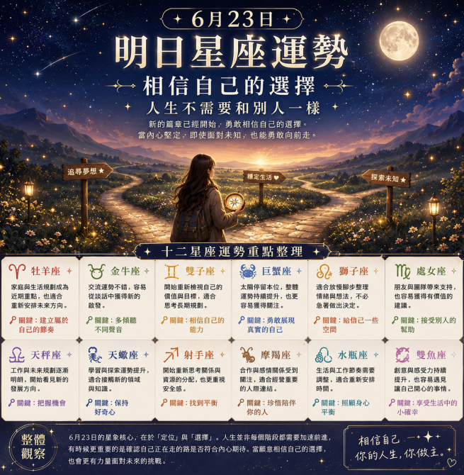 2026年6月23日 明日星座運勢  新的篇章已經開始，勇敢相信自己的選擇