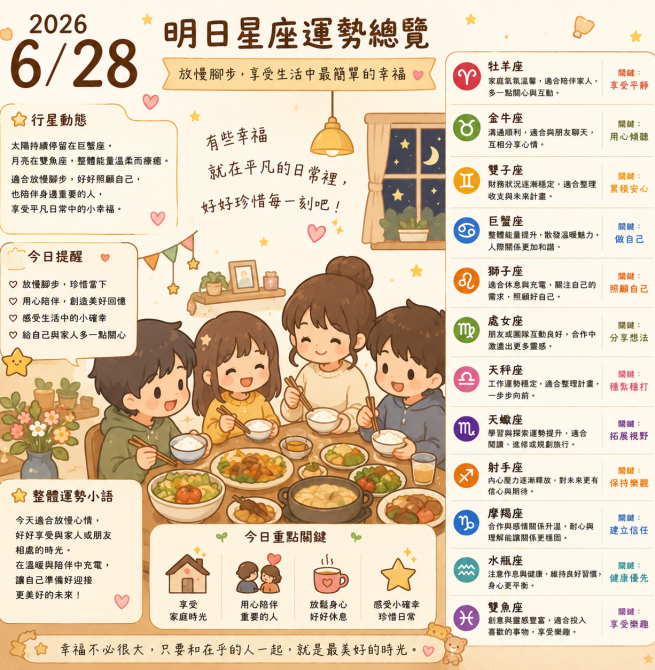 2026年6月28日 明日星座  放慢腳步，才能看見生活中真正美好的風景